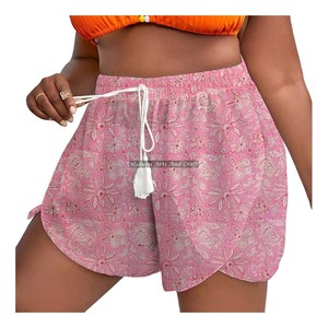 Breathable Rope Drawstring Waist Wrap Shorts Women's Summer Loungewear Cotton Block Print Rope Drawstring Waist Wrap Shorts - Product Image 2