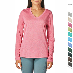 Camisetas cómodas de secado rápido con cuello en V de manga larga y rendimiento fresco para mujer deportiva de poliéster de algodón ecológico con logotipo personalizado - Product Image 4