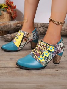 Botines de tacón alto para mujer a la moda de fiesta de otoño estilo occidental con estampado múltiple con cordones elásticos y Tacón cuadrado antideslizante - Product Image 2