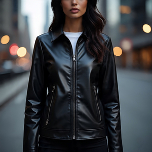 Chaqueta corta de cuero de estilo callejero OEM para mujer, abrigo de cuero PU con varios paneles, chaquetas de cuero de motorista cortas personalizadas para mujer - Product Image 5