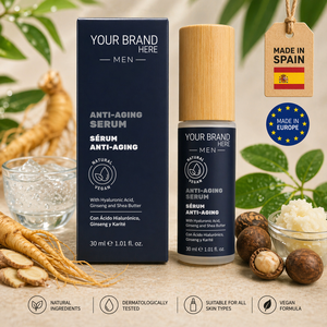Suero Facial para Hombre de Marca Privada 30ml OEM |   Ácido Hialurónico, Ginseng y Carnosina |   Antienvejecimiento |   Hecho en España, UE - Product Image 1