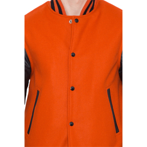 Cuerpo de lana de Cachemira Mangas de cuero de vaca genuino Cuello levantado Naranja Negro Letterman Varsity CollegeBaseballjacket para hombres - Product Image 6