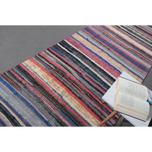 3.9x11.1 ft Vintage Rug, Turkish <b>Runner</b> Rug, Blue <b>Red</b> Abstract Wool Rug - Product Image 5