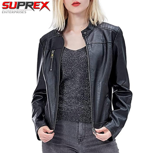 Blouson moto en similicuir noir pour femme, coupe ajustée, en cuir PU, avec poches zippées, vêtement d'extérieur élégant et décontracté, détachable - Product Image 2