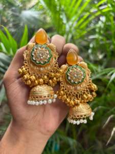 Premium Quality Brass Base Monalisa Stone Lightweight Fusion Gold <b>Jhumkas</b> For Women Perfect For Wedding, Festive Occasions - Product Image 6