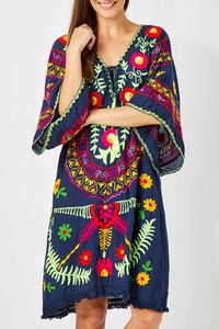 Túnica bordada a mano con cuello de pico, manga de murciélago Bohemia, dobladillo con flecos, Vestido corto de ganchillo - Product Image 3