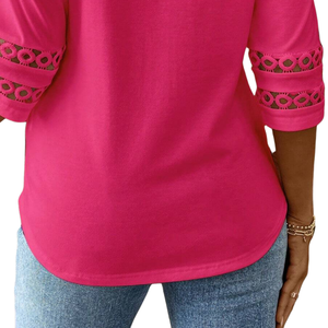 Chemise décontractée pour femme à manches trois quarts, col rond, coupe régulière, avec détails en dentelle, coupe ajustée, élégante pour le printemps, mode quotidienne - Product Image 4