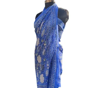女性纱笼Pareos 100% 棉花卉卡拉卡里蜡染印度手印泳衣纱笼和遮盖布，(1014厘米X 180厘米)