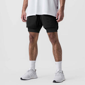 Short de gymnastique 2 en 1 uni noir personnalisé Short d'entraînement pour homme à doublure de compression léger à séchage rapide avec poches zippées - Product Image 2