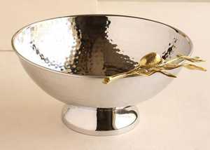 Plat à poisson rond en acier inoxydable argenté vintage, assiette et bol de service en métal avec plateau martelé, outils à salade pour la fête - Product Image 5