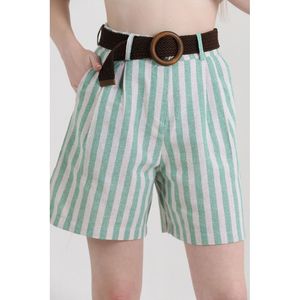 Shorts de Lino para Mujer Topshow, Diseño a Rayas Esmeralda con Cinturón, Producto al por Mayor - Product Image 4