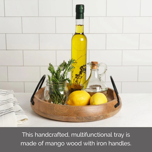 Plateau de service en bois de forme ronde fait à la main avec matériau de poignée de couleur noire en métal avec approvisionnement d'artisanat décoratif d'aspect brillant - Product Image 5