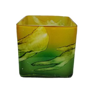 Green and Yellow Shaded Marbleized Fancy Glass High Quality Handmade Decorative Multi purpose <b>Small</b> <b>Candle</b> Square Textured Jar - Product Image 5