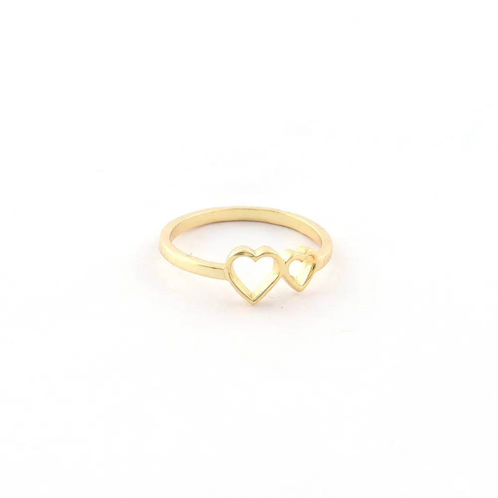 Zarif altın kaplama düz pirinç Metal kalp tasarımcı yüzük/romantik yüzük/çift kalp aşk yüzük mücevherat. Mod Joyas R-576