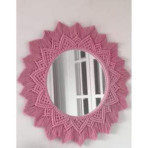 Venta al por mayor hecho a mano macramé espejo de pared artesanía Rosa bohemio espejo decorativo 18x18 pulgadas para decoración del hogar - Product Image 3