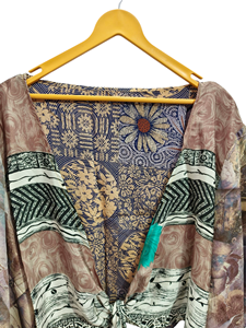 ชุดเดรสสั้นผ้าไหมแบบผูกเอวสไตล์วินเทจผ้าส่าหรีเสื้อพิมพ์ลายดอกไม้ฟรีไซส์ - Product Image 6