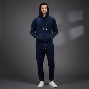 Conjunto de Sudadera con Capucha y Pantalones para Hombre, de Lujo, Mezcla de Algodón y Terciopelo, Lavado Ácido, Estampado, Azul Medianoche Profundo, Felpa Suave - Product Image 4