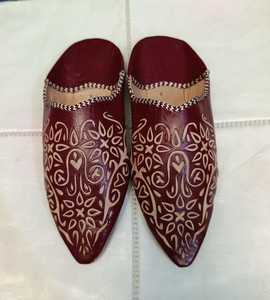 Wholesale Handcrafted Burgundy Leather Babouche Slippers Embossed <b>Wine</b> Red Moroccan Mules Pointed Flat <b>Shoes</b> multiple colors - Product Image 1