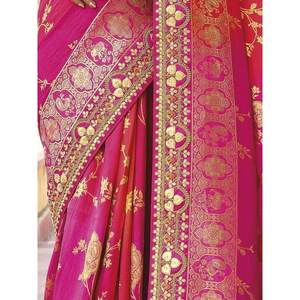 Sari Tradicional de Seda Dola Pura, Color Rosa Precioso con Bordado para Bodas - Product Image 2