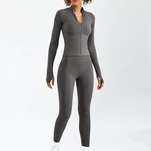 Women's Lightweight Fitness Yoga Set Solid <b>Pattern</b> Sports Jackets Elastic Waist Four-Way Stretch <b>Leggings</b> 2-Piece Set - Product Image 3