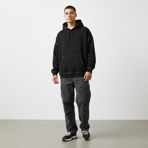 New Design Fashion <b>Black</b> Regular Fit Men's 100% Cotton 360 GSM Heavyweight Winter <b>Plain</b> Dyed Pullover <b>Hoodie</b> White Stitching - Product Image 4