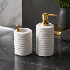 Wholesale White Ribbed Marble <b>Soap</b> <b>Dispenser</b> <b>and</b> <b>Toothbrush</b> <b>Holder</b> Set Gold Pump for Hotel Bathroom - Product Image 3