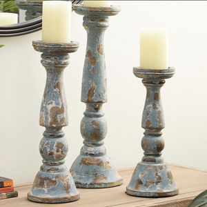Rustic Grey Hand Carved Mango Wood <b>Candle</b> Holders Set 3 <b>Pillar</b> <b>Candles</b> for Home Living Room Kitchen Decor-for Easter - Product Image 1