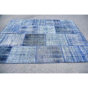 Alfombra Turca Vintage de 6.4x8.5 pies, Alfombra Grande, Alfombra de Lana con Diseño Floral Azul Gris - Product Image 4