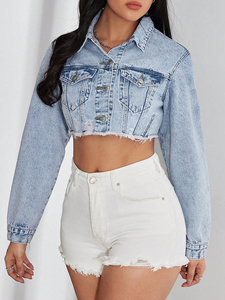 Chaqueta vaquera azul claro para mujer Manga larga con puños estrechos Acabado lavado con botones Estilo de moda informal - Product Image 6