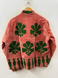 Veste vintage en velours à col mandarin, manches longues, motif floral brodé, rouge et vert, vêtements d'extérieur d'hiver pour adultes - Product Image 3