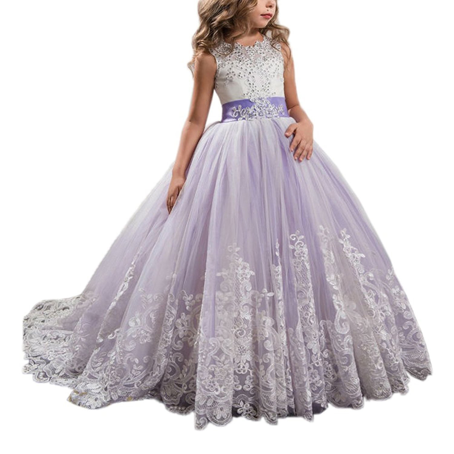 open lace back dress Girls Elegant Ruffle Short Sleeve Back Tie Dresses 6-13 Years Old 10-11  Years Purple