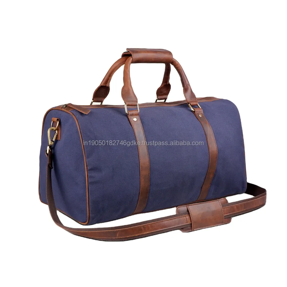 ALBORZ Custom Handmade Genuine Leather + Blue Canvas Travel Duffle Bags Wholesale Weekend Business Trip Duffel Bag