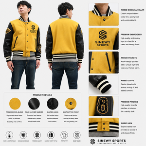 เสื้อแจ็คเก็ตวาร์ซิตี้ผู้ชาย SINEWY SPORTS สีเหลือง ผสมขนสัตว์ แขนหนังสีดำ คอริบบ์ ติดกระดุมแป๊กด้านหน้า ปักลายปะติด - Product Image 1