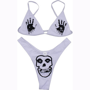 Nouveaux ensembles de bikinis bandeau fantaisie pour femmes, imprimé graphique, lingerie punk gothique, 100% polyester, crop top, string taille haute, logo sur le devant - Product Image 1