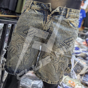 Denim <b>Shorts</b> Custom Men's Embroidered Denim Jeans <b>Shorts</b> Vintage Gothic Style Distressed Stretch Summer Wholesale From Pakistan - Product Image 4