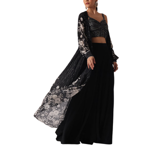 Top corto con stampa floreale nero e Set Sharara all'ingrosso abbigliamento etnico da donna OEM fornitore di abbigliamento personalizzato per feste - Product Image 2