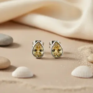 Pendientes de Plata con Citrino en Forma de Lágrima, Joyería de Moda Chapada en Oro de 14K/18K con Piedra Principal de Cuarzo, Diamante y Circonita - Product Image 2