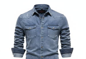 Camisa de Mezclilla Ligera de Manga Larga para Hombre, Estilo Vintage, Casual, Ajustada, con Botones, Color Sólido, Transpirable, de Poliéster/Algodón - Product Image 3