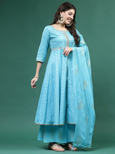Conjunto de Kurta, Palazzo y Dupatta para Mujer, Color Azul Turquesa, Bordado Floral, Algodón, Corte en A, Lavable a Máquina, Traje de Boda para Ramadán - Product Image 5