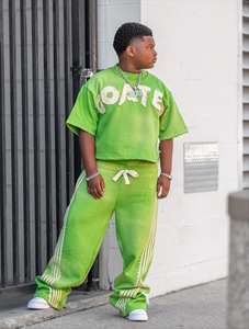 Conjuntos de dos piezas con parches bordados y apliques personalizados para niños 100% algodón a rayas de pantalones de chándal doble cintura chándal de dos piezas 2025 - Product Image 5