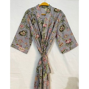 Bata Kimono de Algodón Gris con Estampado Floral para Mujer, con Ribete en Contraste y Manga Tres Cuartos, Elegante Cubrebañador - Product Image 2