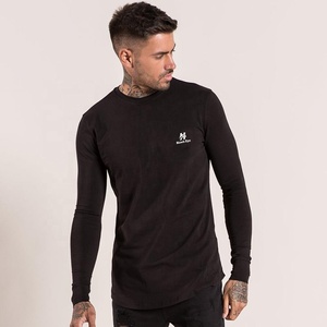 Black Color Long Sleeve Ribbed Cuff <b>Curved</b> <b>Hem</b> <b>Men</b> <b>T</b>-<b>shirt</b> High Quality 65% Polyester 35% Cotton 140gsm Black Colour <b>t</b> <b>Shirts</b> - Product Image 1