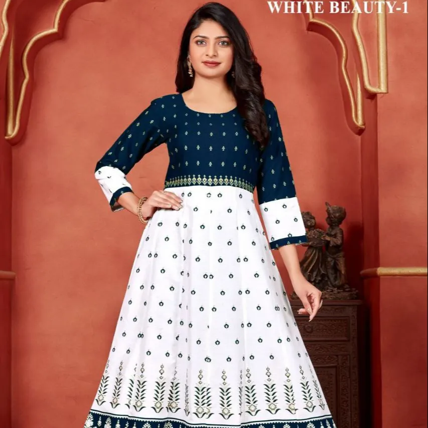 Anarkali Kurti Readymade Bonito Verão Longo cheio Flared Vestido Multi cor Longo Kurti para as mulheres, vestidos indianos