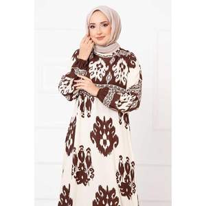 Motivo estampado viscosa marrón hijab vestido modesto - Product Image 4
