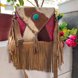 Stylish Cowhide Fur Crossbody Handbag Tooled Leather Fringe Handmade Hair Hide Leather Lightweight <b>Women's</b> Sling Purse 1-1.9L - Product Image 2