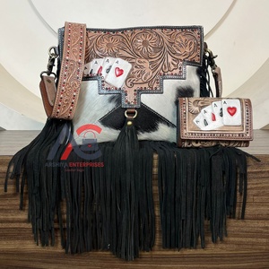 Estilo Vintage cuero de vaca a mano a la moda bolso con flecos de moda y cartera corta diseño de ases Conjunto Combinado de 2 piezas para mujer - Product Image 1