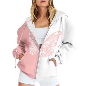 Sudaderas con capucha para mujer, estampado de mariposa, cordón, cremallera, manga larga, sudaderas para mujer, Otoño, informal, estampado, cremallera, Tops con capucha, blusa - Product Image 5