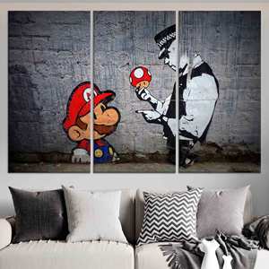 Impression sur toile de graffitis Banksy : Super Mario et Policeman Art, LOT DE 3 TOILES - Product Image 1