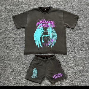 ชุดวอร์มสั้นสำหรับผู้ชายเสื้อสไตล์สตรีทแวร์พิมพ์ลายพัฟวินเทจพิมพ์ลายหน้าจอพลอยเทียมสำหรับ30MOQ - Product Image 2