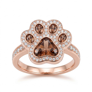 Anillo con Huella de Pata en Oro Rosa con Gemas Marrones y Detalles Blancos Brillantes, Joyería de Moda Única para Amantes de los Animales, Regalo - Product Image 1